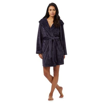 Navy debossed logo hooded dressing gown